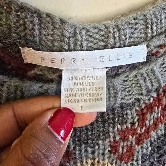 Vintage Perry Ellis Sweater Mens Size Large Burgundy Wool Tribal Knit Grunge 90s - Picture 7 of 14